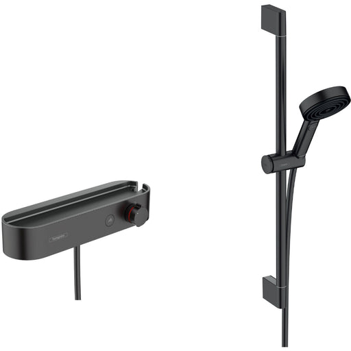 Hansgrohe Pulsify Select S Shower System 105 3Jet Relaxation with Thermostat, Shower Bar 65 cm, Slider and Shower Hose - Matt Black - Unbeatable Bathrooms