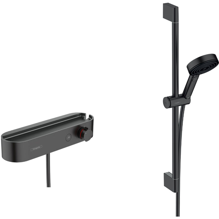 Hansgrohe Pulsify Select S Shower System 105 3Jet Relaxation with Thermostat, Shower Bar 65 cm, Slider and Shower Hose - Matt Black - Unbeatable Bathrooms