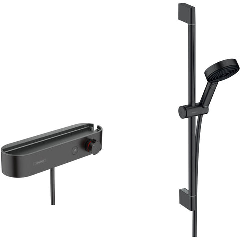 Hansgrohe Pulsify Select S Shower System 105 3Jet Relaxation with Thermostat, Shower Bar 65 cm, Slider and Shower Hose - Matt Black - Unbeatable Bathrooms