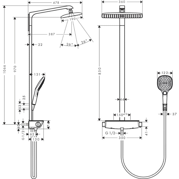 Hansgrohe Raindance E Showerpipe 360 1Jet Ecosmart with Thermostatic Shower Mixer - Unbeatable Bathrooms