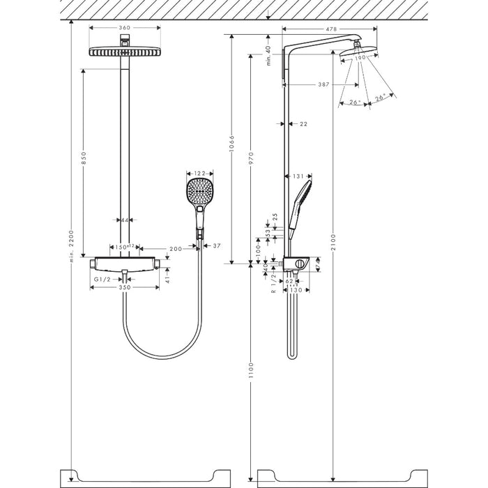 Hansgrohe Raindance E Showerpipe 360 1Jet Ecosmart with Thermostatic Shower Mixer - Unbeatable Bathrooms