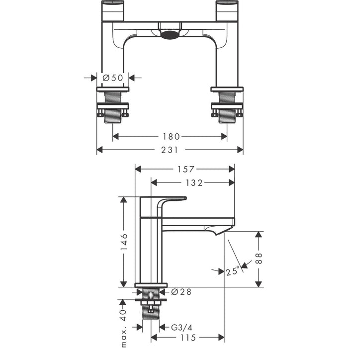 Hansgrohe Rebris E 2-Hole Rim Mounted Bath Mixer - Unbeatable Bathrooms