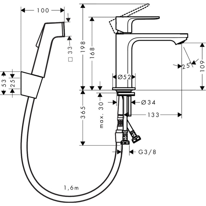 Hansgrohe Rebris E Single Lever Basin Mixer 110 with Bidette Hand Shower and Shower Hose 160 cm Without Waste Set - Chrome - Unbeatable Bathrooms