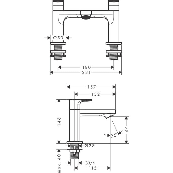 Hansgrohe Rebris S 2-Hole Rim Mounted Bath Mixer - Unbeatable Bathrooms