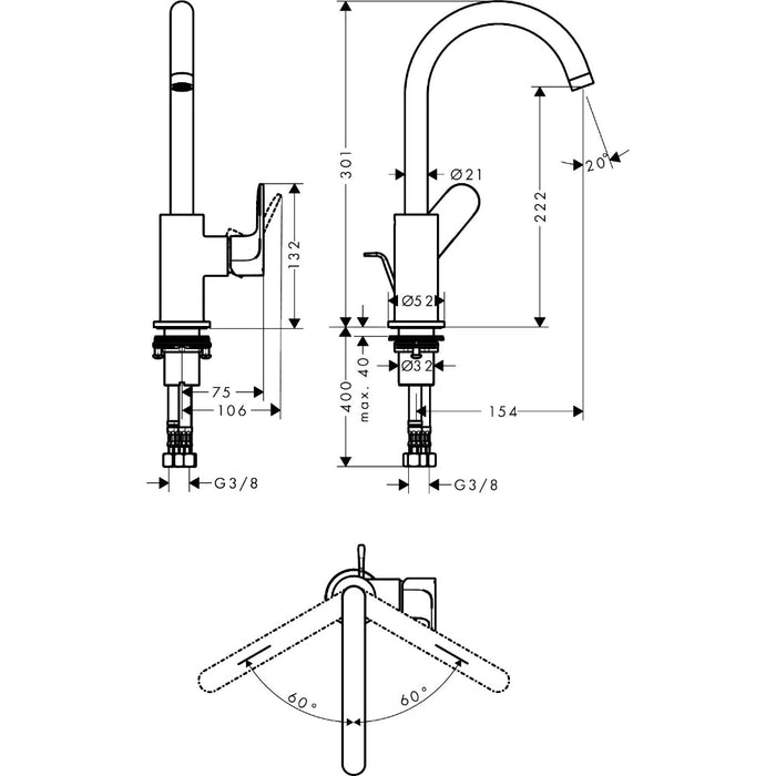 Hansgrohe Rebris S Single Lever Basin Mixer 210 with Swivel Spout and Pop-Up Waste Set - Unbeatable Bathrooms