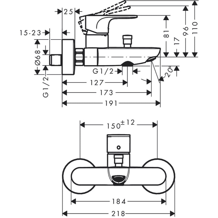 Hansgrohe Rebris S Single Lever Bath Mixer For Exposed Installation with 2 Flow Rates - Unbeatable Bathrooms