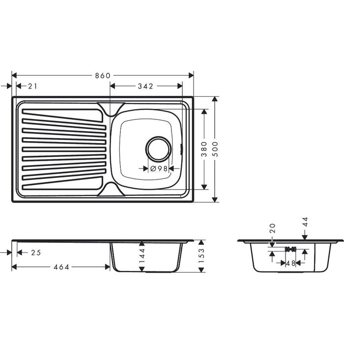 Hansgrohe S21 S210-A342 86 Built-In Sink 342 with Drain Board and Manual Drain Kit - Stainless Steel - Unbeatable Bathrooms