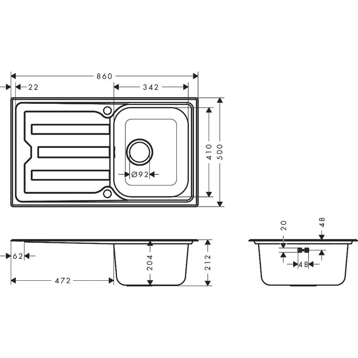 Hansgrohe S44 S440-A342 86 Built-In Sink 342 with Drain Board Long and Automatic Drain Kit - Stainless Steel - Unbeatable Bathrooms