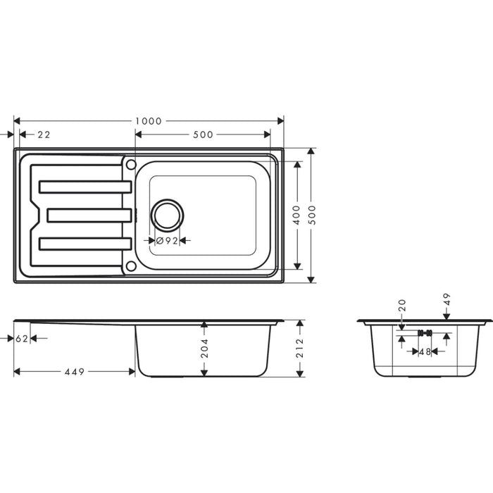 Hansgrohe S44 S440-A500 100 Built-In Sink 500 with Drain Board and Automatic Drain Kit - Stainless Steel - Unbeatable Bathrooms