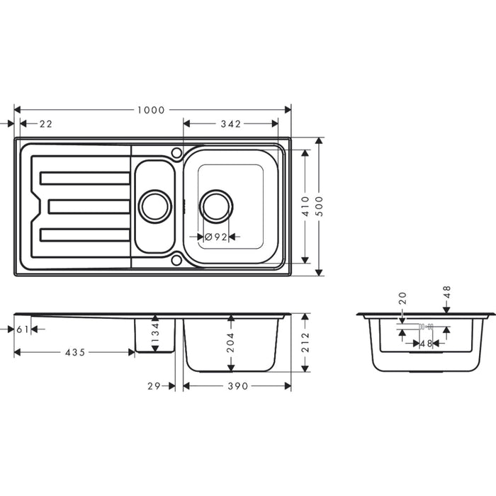 Hansgrohe S44 S440-A517 100 Built-In Sink 342/145 with Drain Board and Automatic Drain Kit - Stainless Steel - Unbeatable Bathrooms