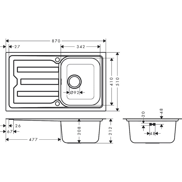 Hansgrohe S44 S440-F342 86 Built-In Sink 342 with Drain Board Long and Automatic Drain Kit - Stainless Steel - Unbeatable Bathrooms