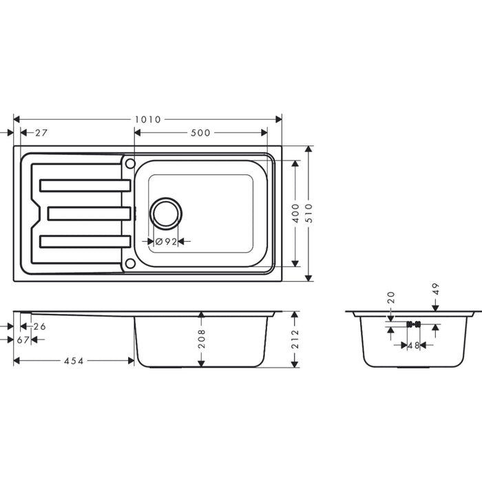 Hansgrohe S44 S440-F500 100 Built-In Sink 500 with Drain Board and Automatic Drain Kit - Stainless Steel - Unbeatable Bathrooms