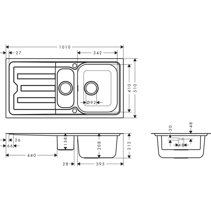 Hansgrohe S44 S440-F517 100 Built-In Sink 342/145 with Drain Board and Automatic Drain Kit - Stainless Steel - Unbeatable Bathrooms