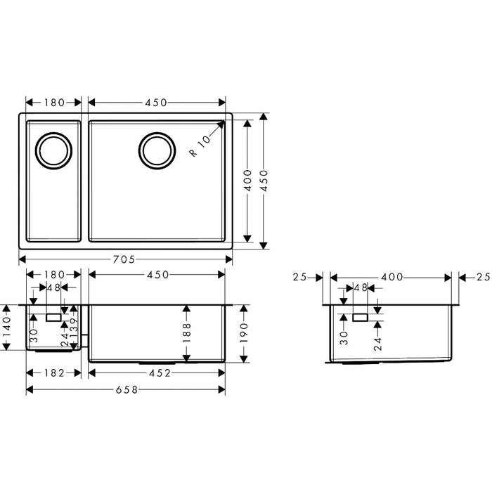 Hansgrohe S71 S719-U655 Undermount Sink 180/450 - Stainless Steel - Unbeatable Bathrooms