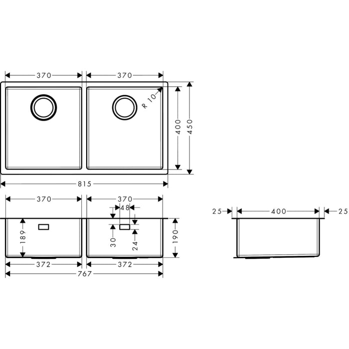 Hansgrohe S71 S719-U765 Undermount Sink 370/370 - Stainless Steel - Unbeatable Bathrooms
