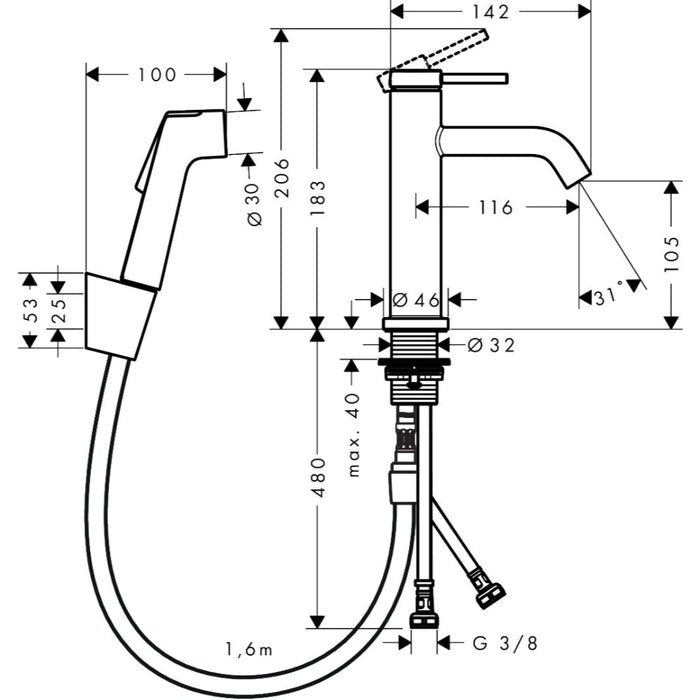 Hansgrohe Tecturis S Single Lever Basin Mixer 110 with Bidette Hand Shower and Shower Hose 160 cm - Unbeatable Bathrooms