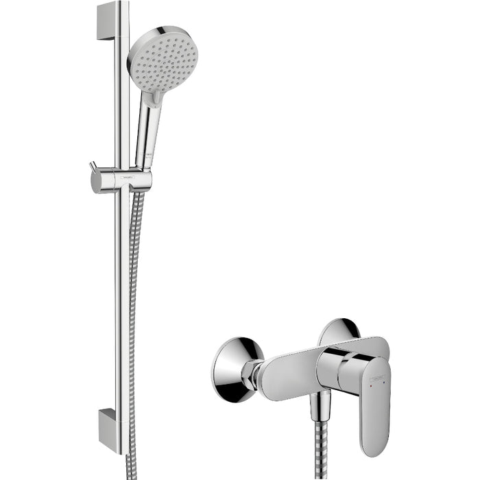 Hansgrohe Vernis Blend Shower System For Exposed Installation 100 Vario Ecosmart with Single Lever Shower Mixer and Shower Bar Crometta 65 cm - Chrome - Unbeatable Bathrooms
