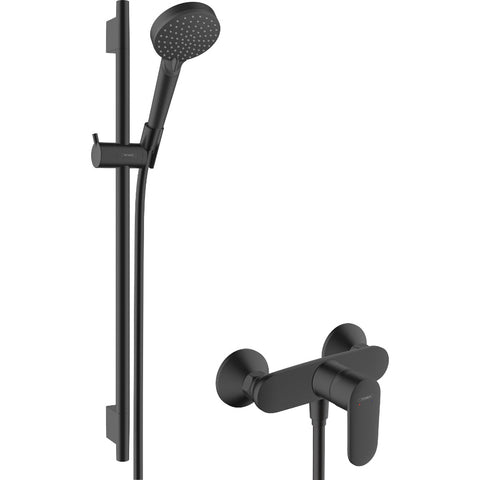 Hansgrohe Vernis Blend Shower System For Exposed Installation 100 Vario Ecosmart with Single Lever Shower Mixer and Shower Bar S Puro 65 cm - Matt Black - Unbeatable Bathrooms
