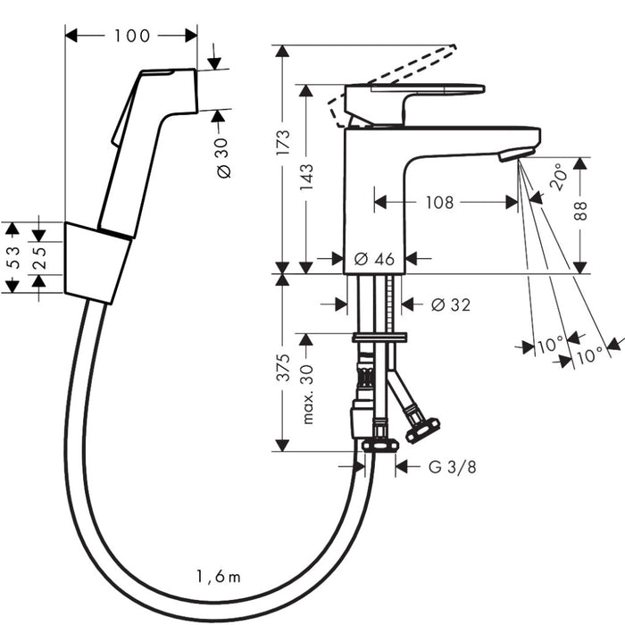 Hansgrohe Vernis Blend Single Lever Basin Mixer 100 with Bidet Spray and Shower Hose 160 cm - Chrome - Unbeatable Bathrooms