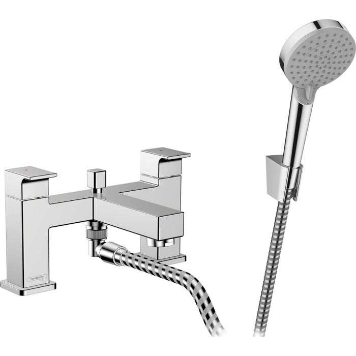 Hansgrohe Vernis Shape 2-Hole Rim Mounted Bath Mixer with Diverter Valve and Vernis Blend Hand Shower Vario - Chrome - Unbeatable Bathrooms