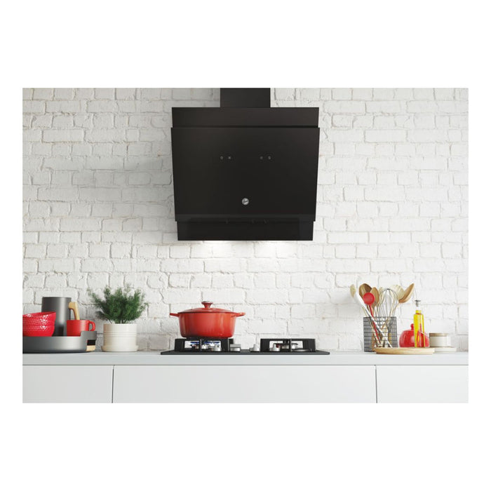 Hoover H500 HDG6DCK3BWIFI 60cm Sloped Chimney Hood - Black Glass - Unbeatable Bathrooms