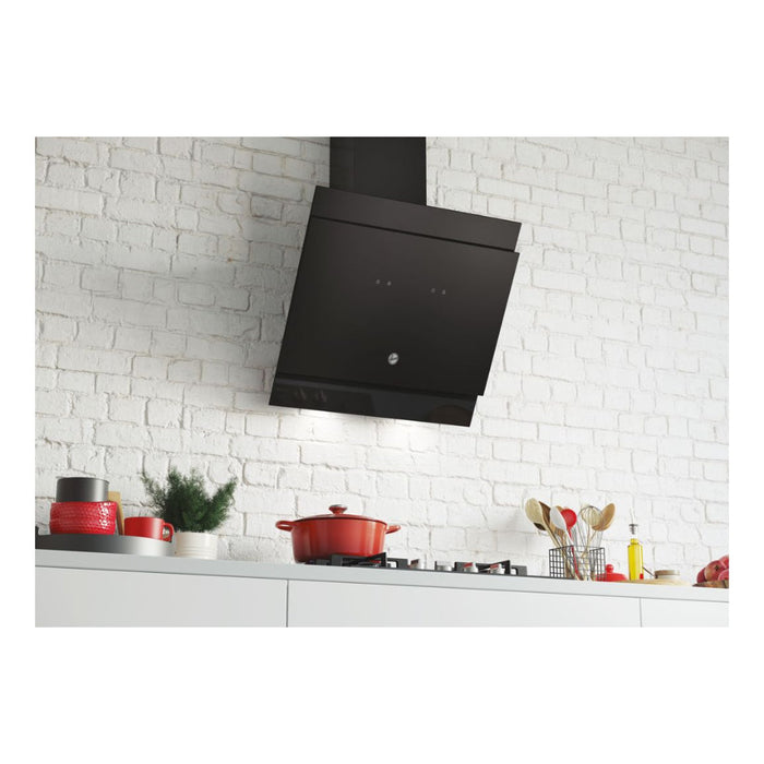 Hoover H500 HDG6DCK3BWIFI 60cm Sloped Chimney Hood - Black Glass - Unbeatable Bathrooms
