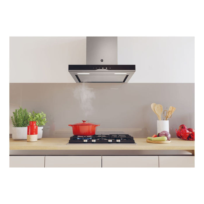 Hoover H500 HTS9CBK5XWIFI T-Shape Chimney Hood - Black Glass & St/Steel - Unbeatable Bathrooms