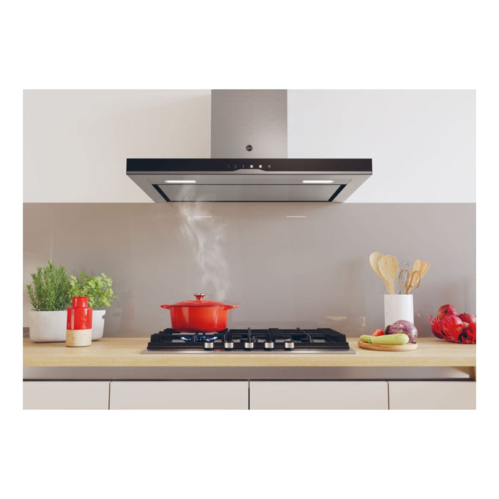 Hoover H500 HTS9CBK5XWIFI T-Shape Chimney Hood - Black Glass & St/Steel - Unbeatable Bathrooms