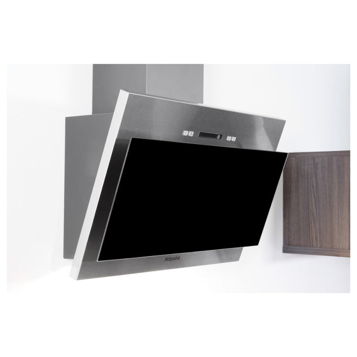 Hotpoint PHVP 6.4F AL K/1 60cm Angled Chimney Hood - Black Glass - Unbeatable Bathrooms