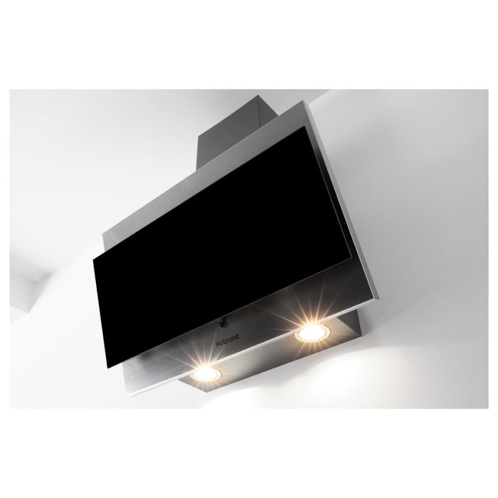 Hotpoint PHVP 6.4F AL K/1 60cm Angled Chimney Hood - Black Glass - Unbeatable Bathrooms