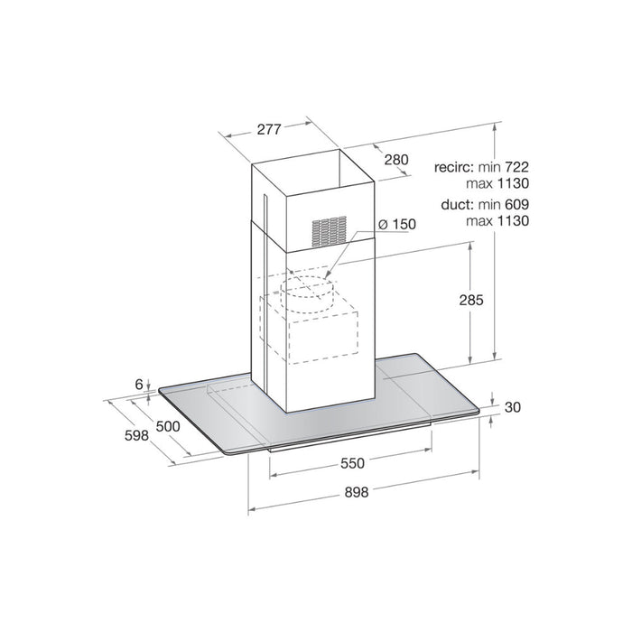 Hotpoint UIF 9.3F LB X 90cm Flat Glass Island Hood - Glass & St/Steel - Unbeatable Bathrooms