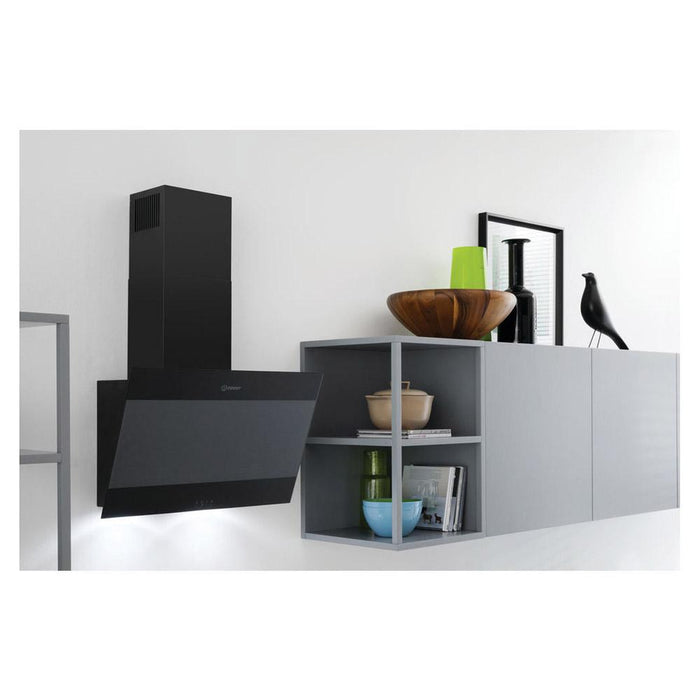 Indesit IHVP 6.6 LM K 60cm Angled Chimney Hood - Black Glass - Unbeatable Bathrooms