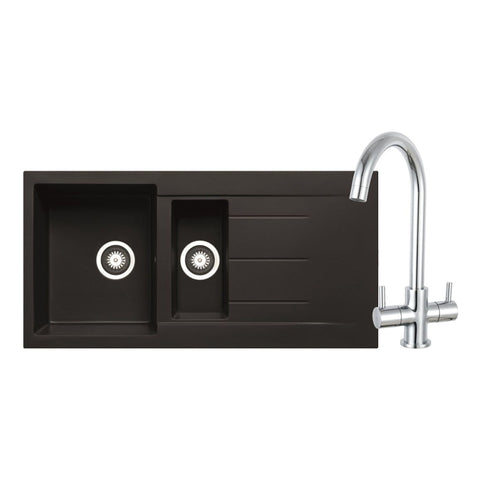 Prima+ Granite 1.5B Inset Sink & Staten Tap Pack - Black - Unbeatable Bathrooms