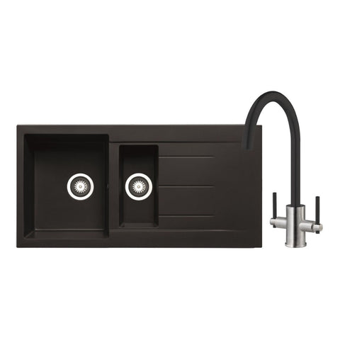 Prima+ Granite 1.5B Inset Sink & Swan Neck Mixer Tap Pack - Black - Unbeatable Bathrooms