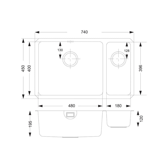 Prima+ Large 1.5B R25 LH Undermount Sink - St/Steel - Unbeatable Bathrooms