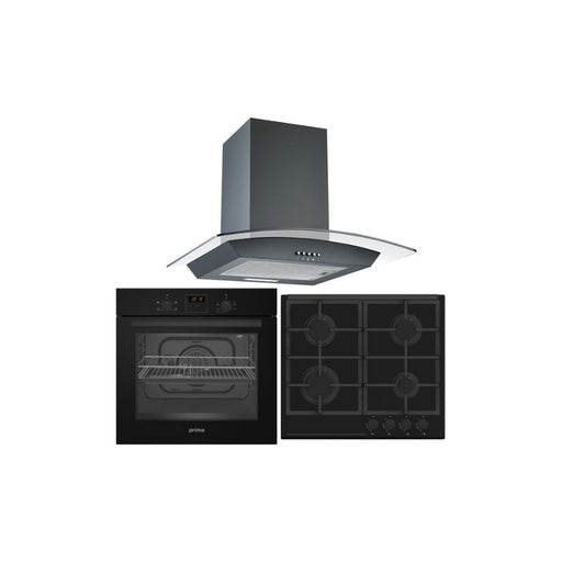 Prima Oven Gas Hob & Curved Glass Chimney Hood Pack - Black - Unbeatable Bathrooms