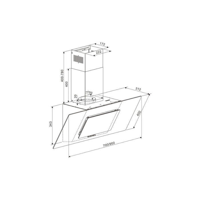 Prima PRAE0034 70cm Angled Chimney Hood - Black Glass - Unbeatable Bathrooms