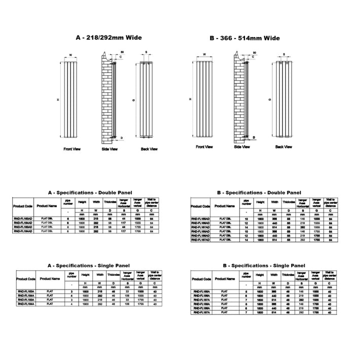 Reina Designer Flat Vertical Single Mild Steel Radiator - Unbeatable Bathrooms