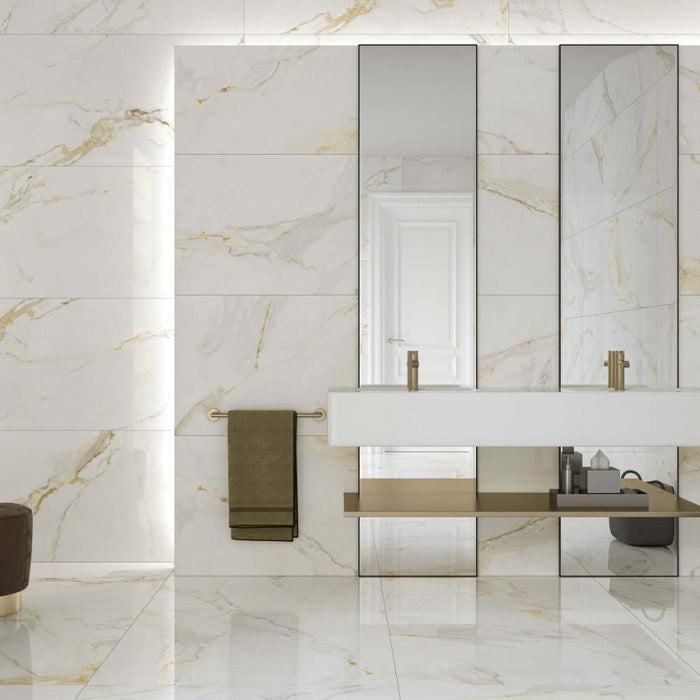 Splendour Marshall 1200x1200 Gold Vein Polished Marble Effect Tiles ( Price Per Tile ) - Unbeatable Bathrooms