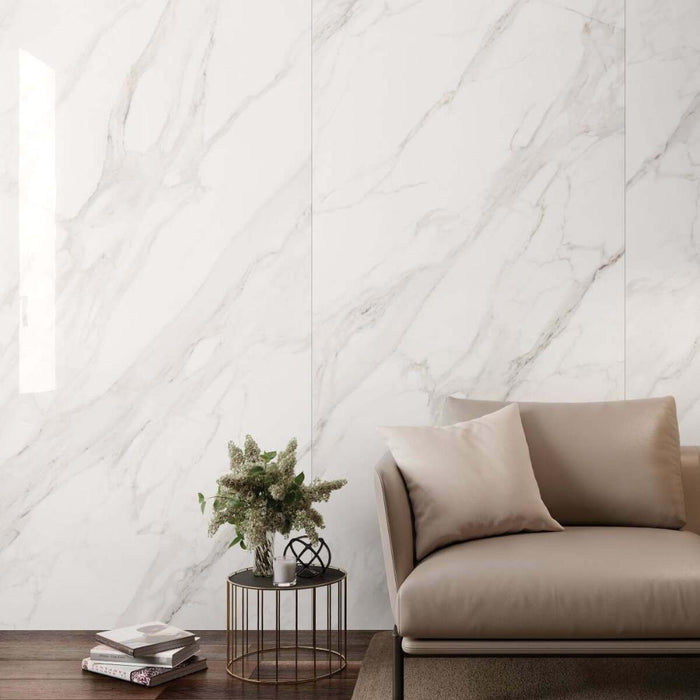Splendour Maximum Calacatta 1200x1200 Gold White Semi Polished Marble Effect Tiles - Unbeatable Bathrooms