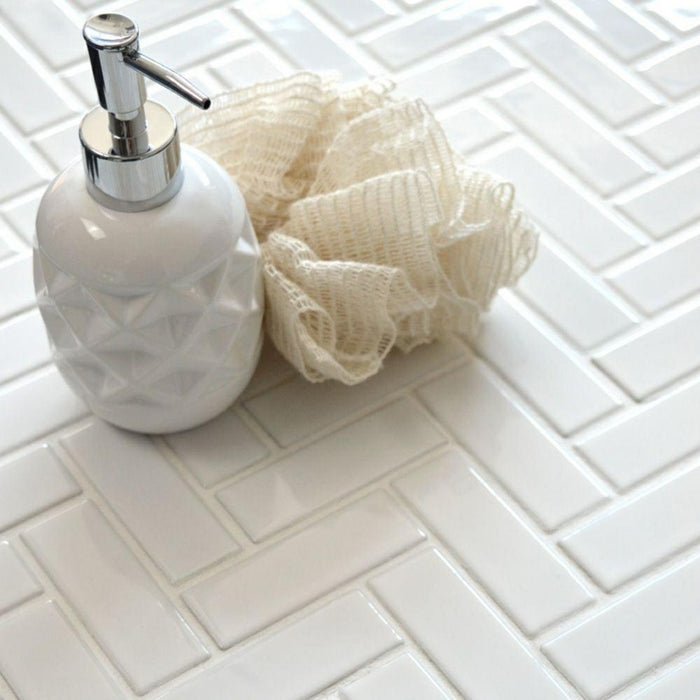 Splendour Pixel 316x277 White Herringbone Gloss Tiles - Unbeatable Bathrooms