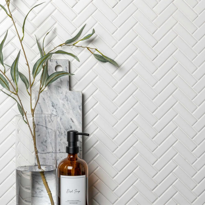 Splendour Pixel 316x277 White Herringbone Matt Tiles - Unbeatable Bathrooms