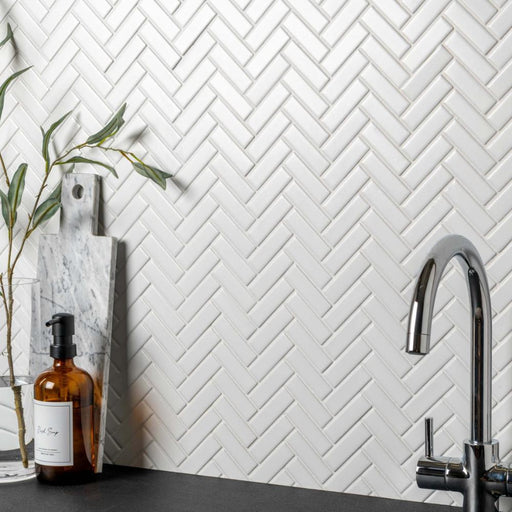 Splendour Pixel 316x277 White Herringbone Matt Tiles - Unbeatable Bathrooms