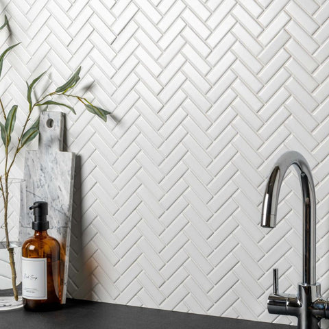 Splendour Pixel 316x277 White Herringbone Matt Tiles - Unbeatable Bathrooms