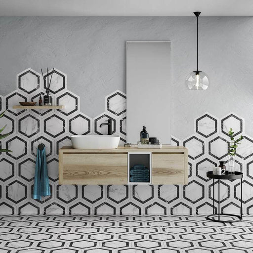 Splendour Venato 330x285 Hexagon Dark Grey Marble Effect Tiles - Unbeatable Bathrooms