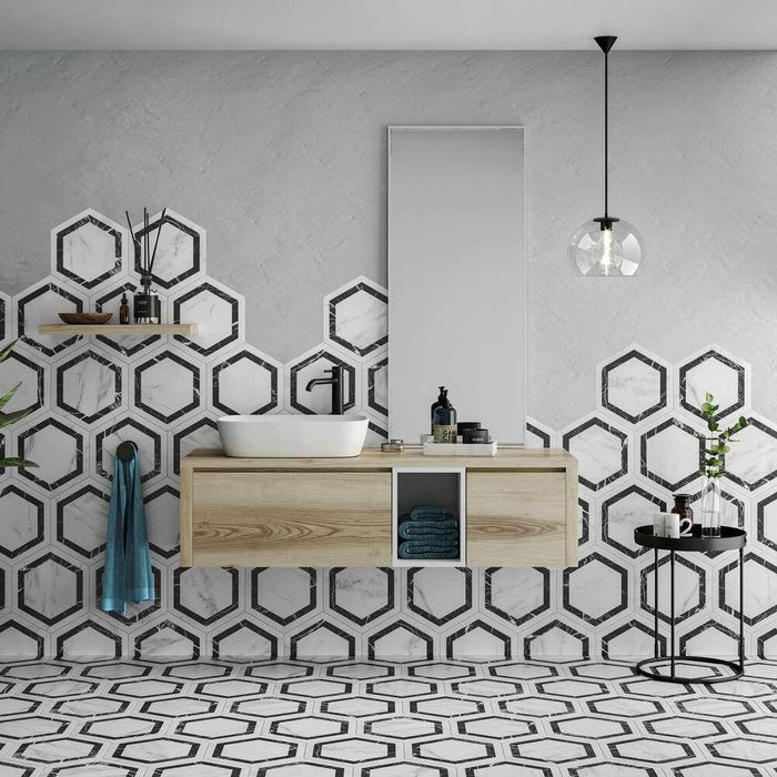 Splendour Venato 330x285 Hexagon Dark Grey Marble Effect Tiles - Unbeatable Bathrooms
