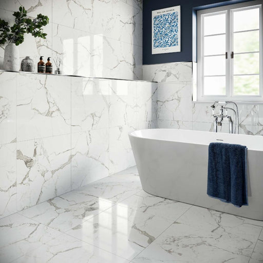 Splendour Versailles 600x600 Carrara Marble Effect Polished Tiles - Unbeatable Bathrooms