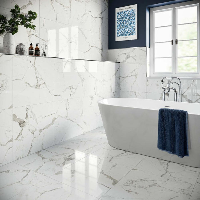 Splendour Versailles 600x600 Carrara Marble Effect Polished Tiles - Unbeatable Bathrooms
