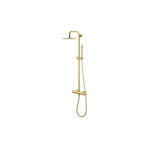 Vema Thermostatic Round Bar Valve w/Fixed Head & Riser - Brushed Brass - Unbeatable Bathrooms