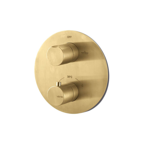 Vema Tiber Two Outlet Thermostatic Mixer - Brushed Brass - Unbeatable Bathrooms